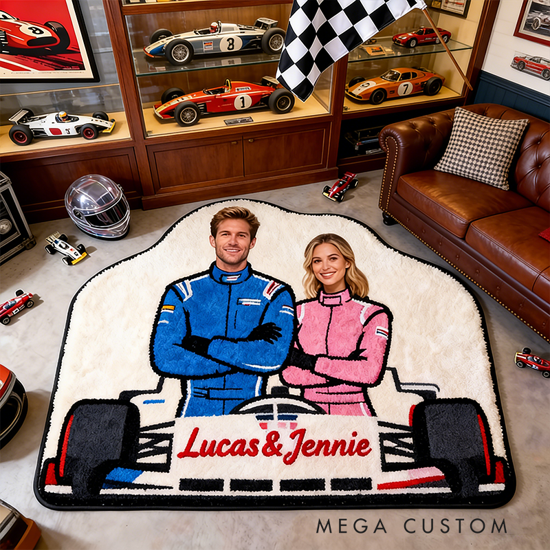 Personalized Couple Racing Rug Custom Name and Photo Design Gift for Car and Racing Lovers Home Decor