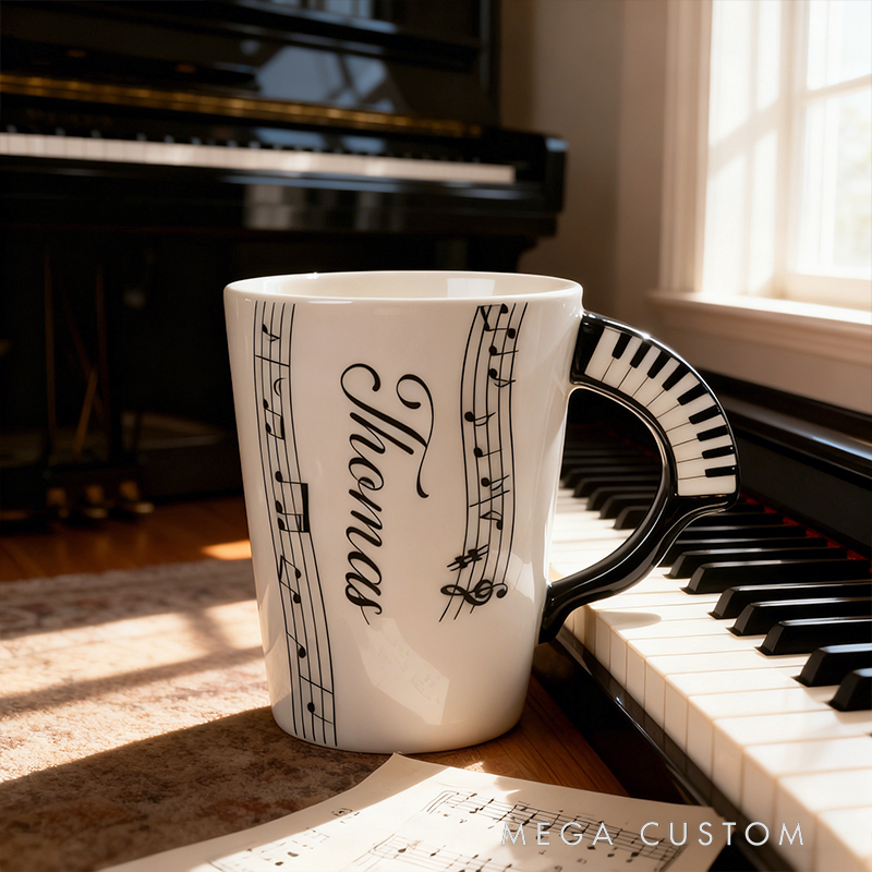 Personalized Custom Piano Keyboard Handle Mug with Musical Notes, Personalized Name Ceramic Coffee Mug for Music Lovers, Piano Player Gift