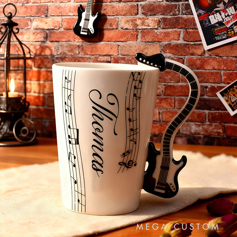Personalized Electric Guitar Handle Mug, Custom Name Ceramic Cup with Musical Notes, Rock Music Fan Gift