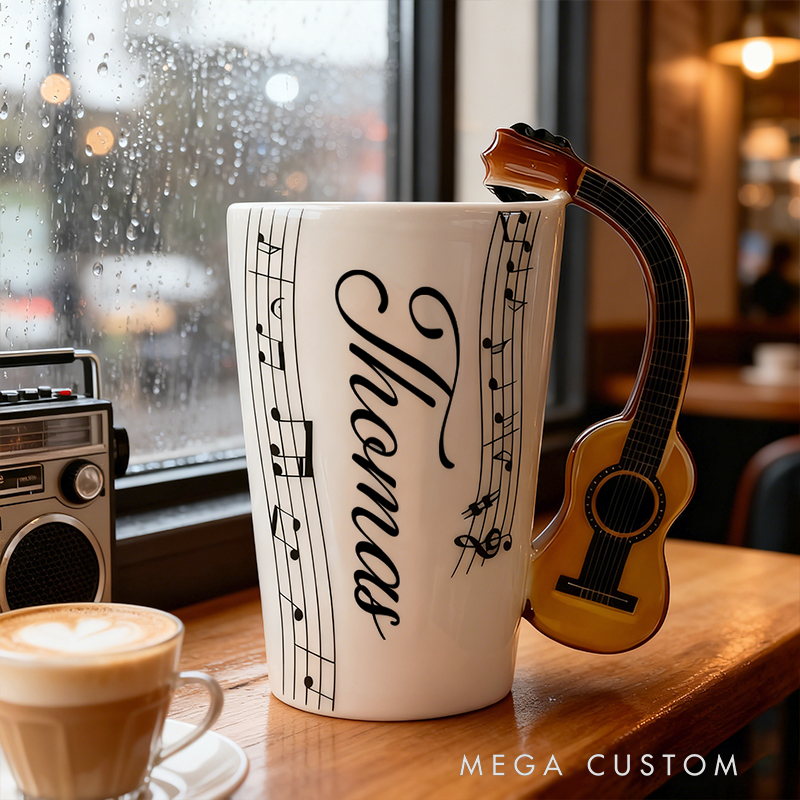 Personalized Custom Acoustic Guitar Handle Mug, Personalized Name Ceramic Coffee Cup with Musical Notes, Folk Music Lover Gift