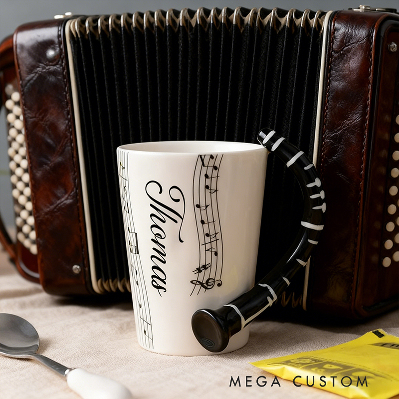 Personalized Saxophone Handle Mug, Custom Name Ceramic Cup with Musical Notes, Jazz Music Enthusiast Gift