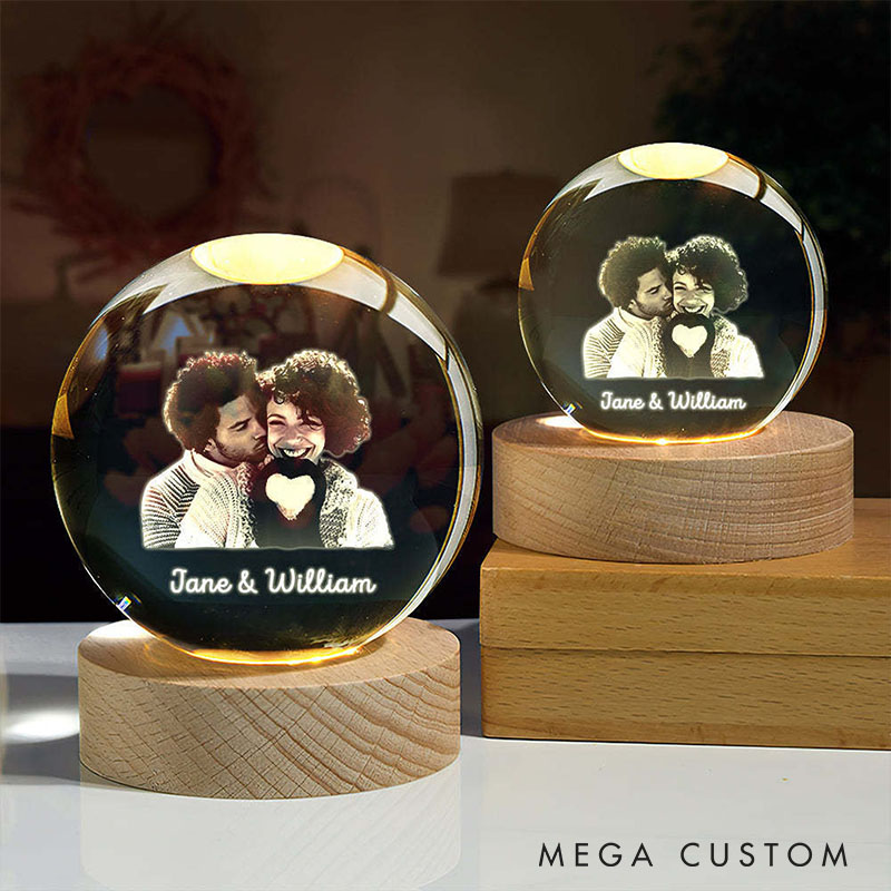 Personalized Couple 3D Crystal Photo Portrait LED Round Night Light Engraved Crystal Photo With Light Anniversary Valentine's Day Gift for Him Her
