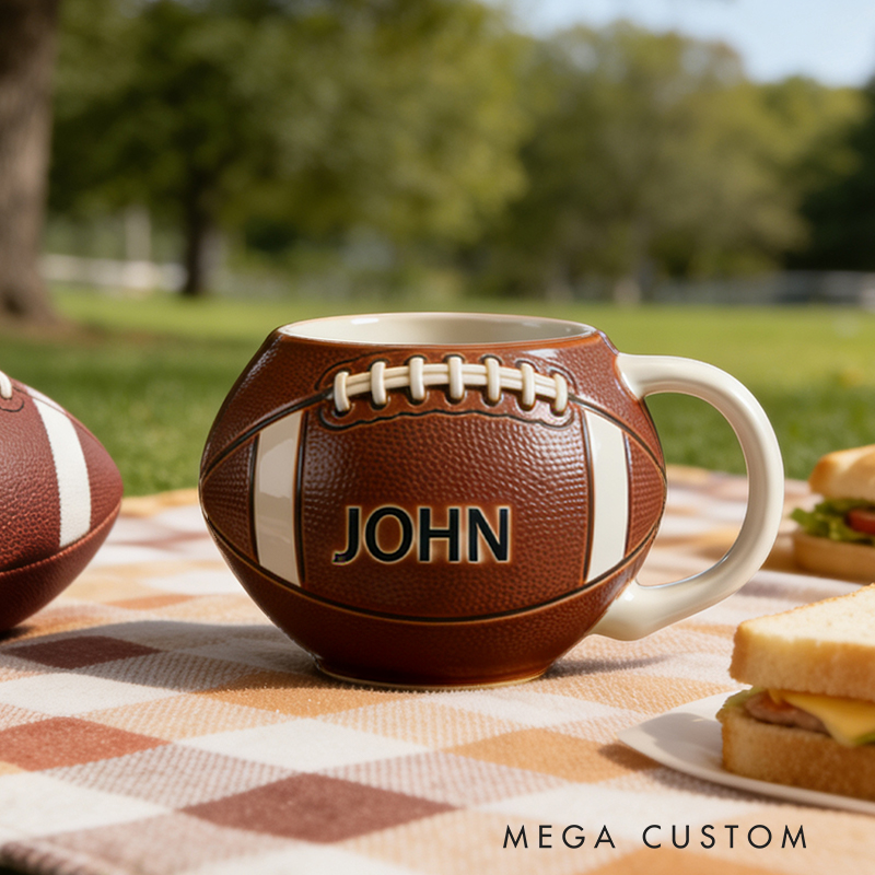 Personalized Custom Football Shaped Mug - Personalized Sports Fan Gift for Football Lovers, Ceramic Coffee Cup with Name