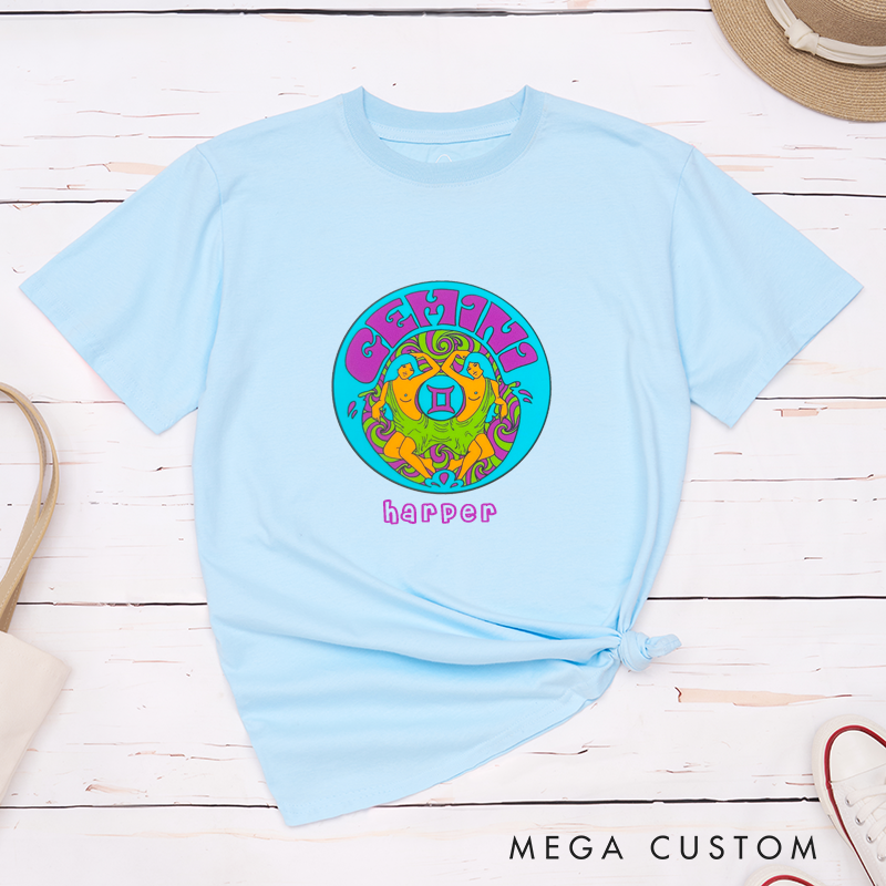 Personalized Gemini T-Shirt Classic Zodiac Sign Custom Name Astrology Gift Unique Horoscope Birthday Present for Men Women Friends Horoscope Lovers