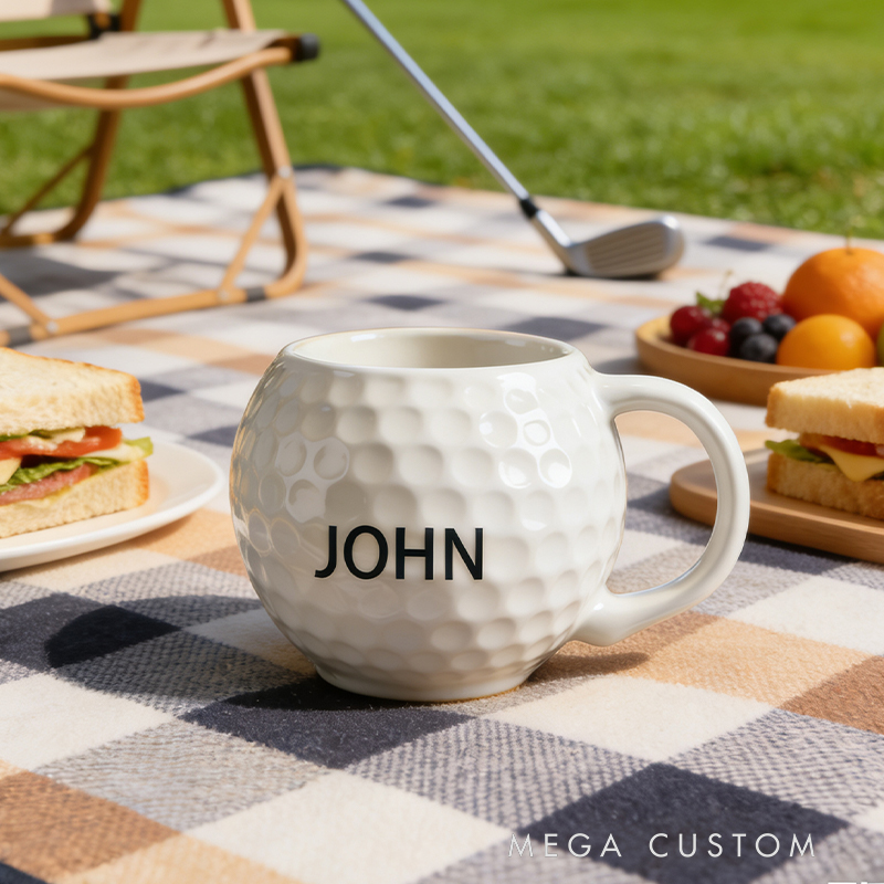 Personalized Golf Ball Shaped Ceramic Mug - Custom Name Gift for Golf Enthusiasts, 11oz Coffee Cup