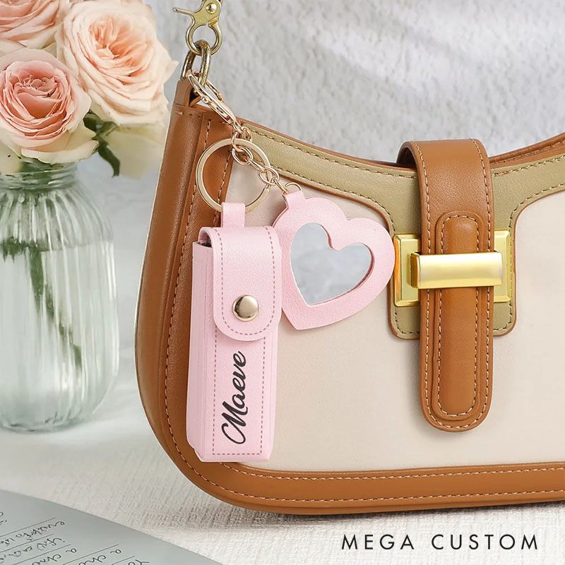 Personalized Girlfriend Birth Flower PU Leather Name Lipstick Case Keychain with Heart-shaped Mirror Wife Makeup Essentials Women Valentines Day Gift