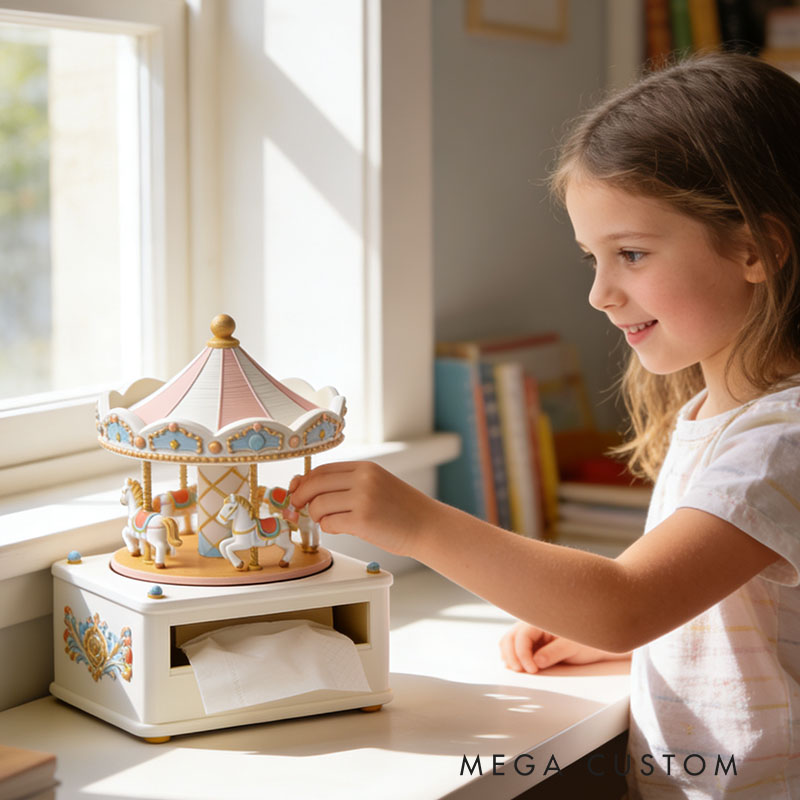 Carousel Music Box Tissue Box Cover 3D Printed Room Decor Cute Tissue Box Cover for Desk Room Kitchen or Bathroom
