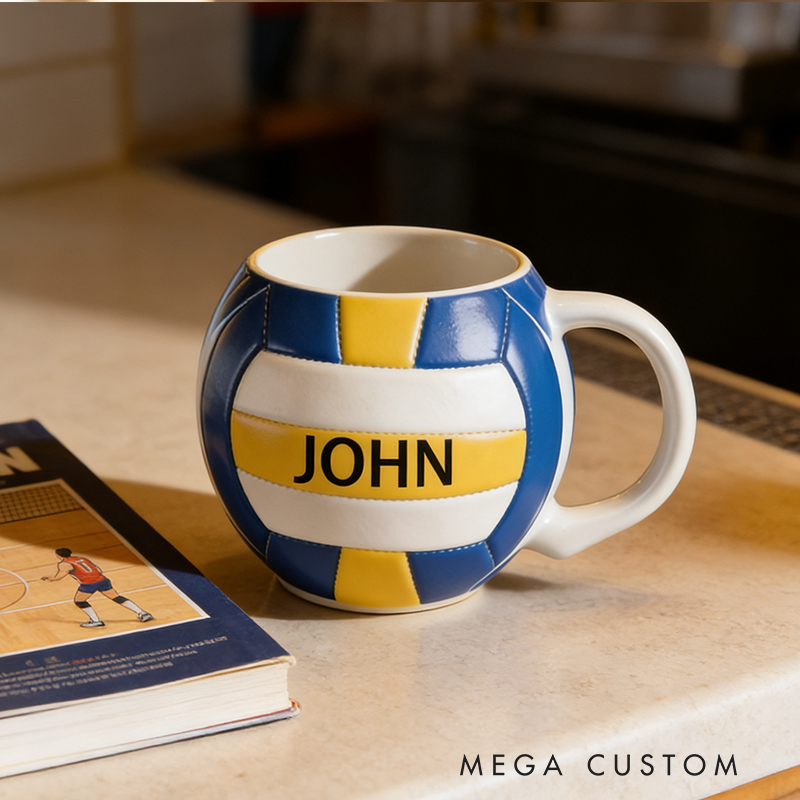Personalized Custom Volleyball Shaped Ceramic Mug - Personalized Sports Fan Gift for Volleyball Lovers, 11oz Coffee Cup with Name