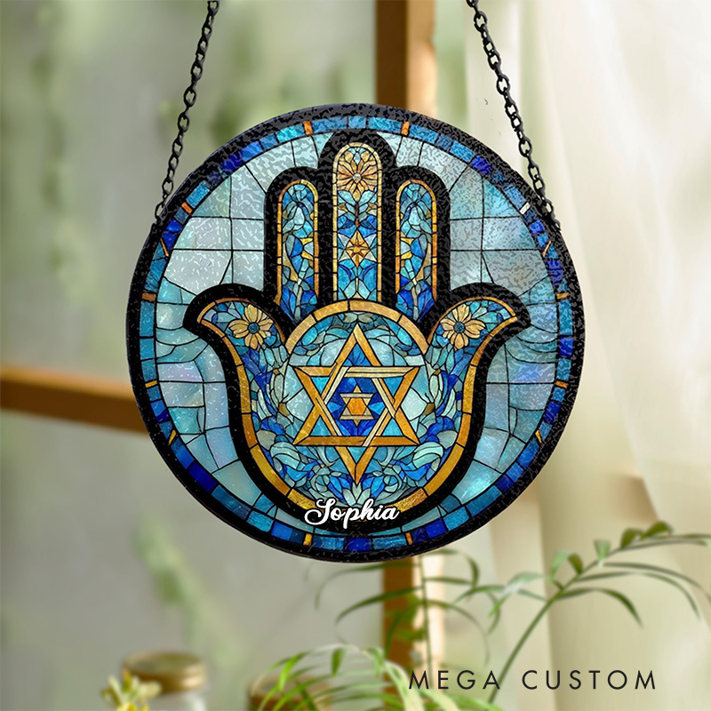 Personalized Hamsa Hand Star of David Stained Glass Suncatcher Ornament with Custom Name Jewish Festival Window Hanging Decor Hanukkah Gift Religious Gift