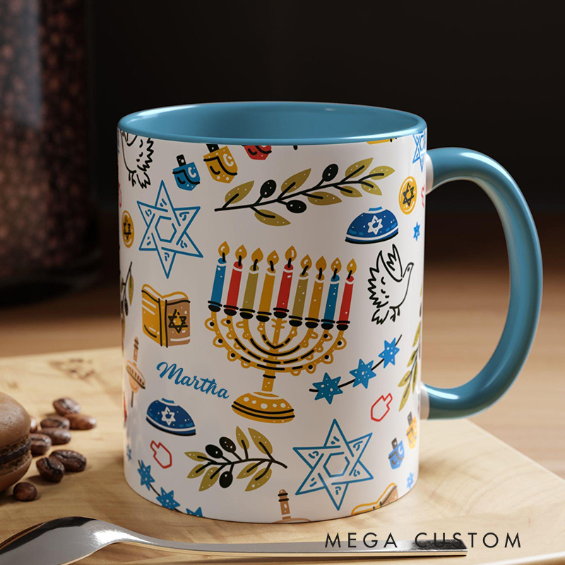 Personalized Hanukkah Menorah Ceramic Mug with Name Chanukah Coffee Mug Religious Gift Happy Hanukkah Gift for Jewish people Hanukkah