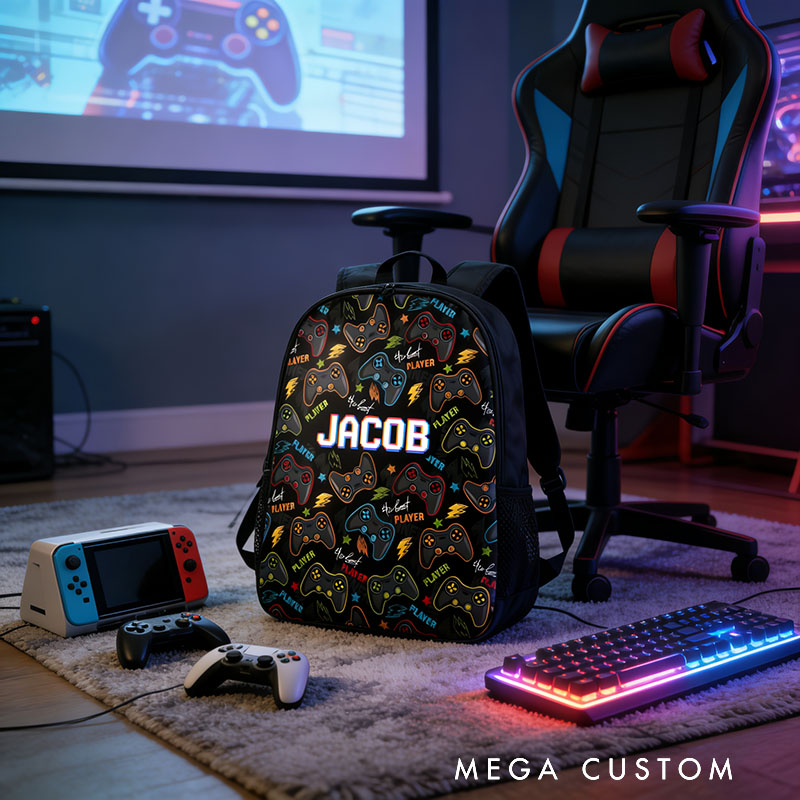 Personalized The Best Player Game Controller Backpack Custom Name for Kids and Game Lovers Birthday Black to School Christmas Gift
