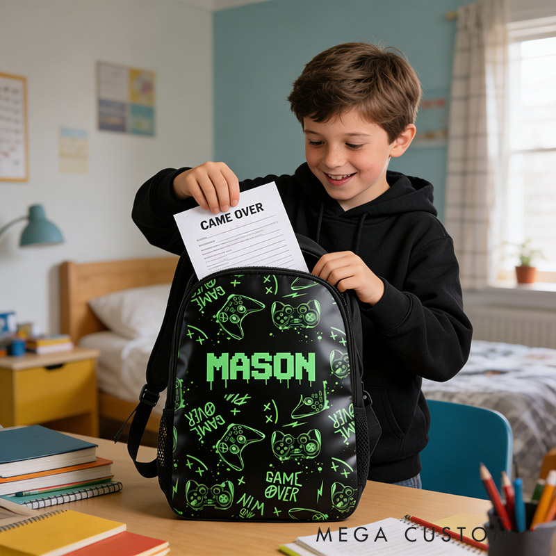 Personalized Graffiti Game Controller Backpack Custom Name for Kids and Game Lovers Birthday Black to School Christmas Gift