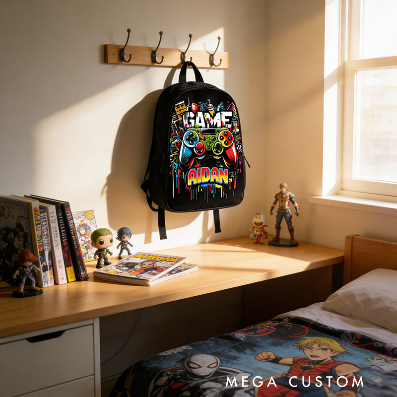 Personalized Colorful Graffiti Game Controller Backpack Custom Name for Kids and Game Lovers Birthday Black to School Christmas Gift