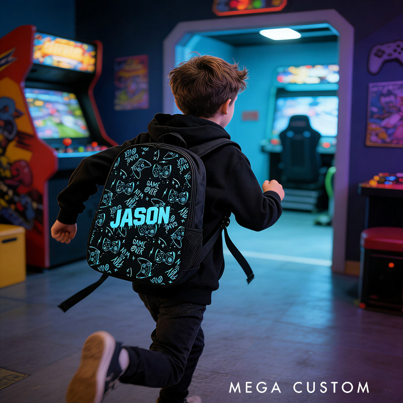Personalized Blue Watercolor Style Game Controller Backpack Custom Name for Kids and Game Lovers Birthday Black to School Christmas Gift