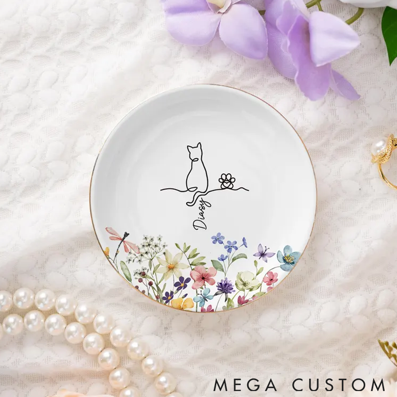 Personalized Cat Lover Custom Cat Floral Ring Dishes