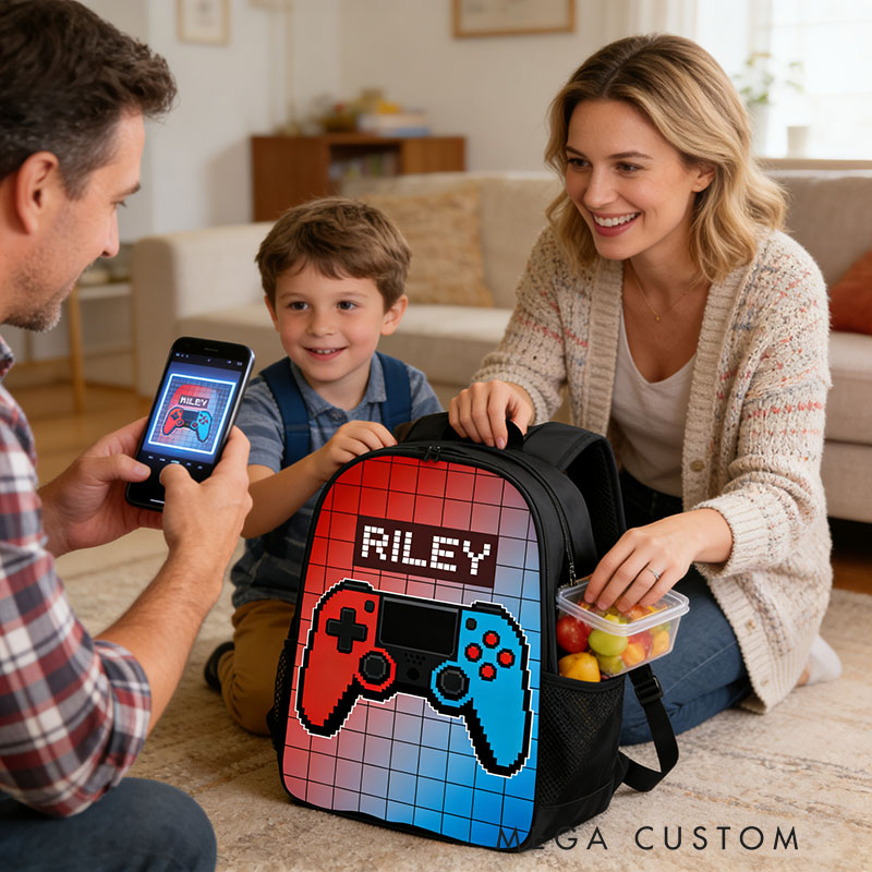 Personalized Cartoon Game Controller Backpack Custom Name for Kids and Game Lovers Birthday Black to School Christmas Gift
