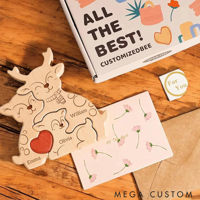 Personalized Wooden Deer Family Puzzle Desk Decoration Keepsake Anniversary Gift for Family