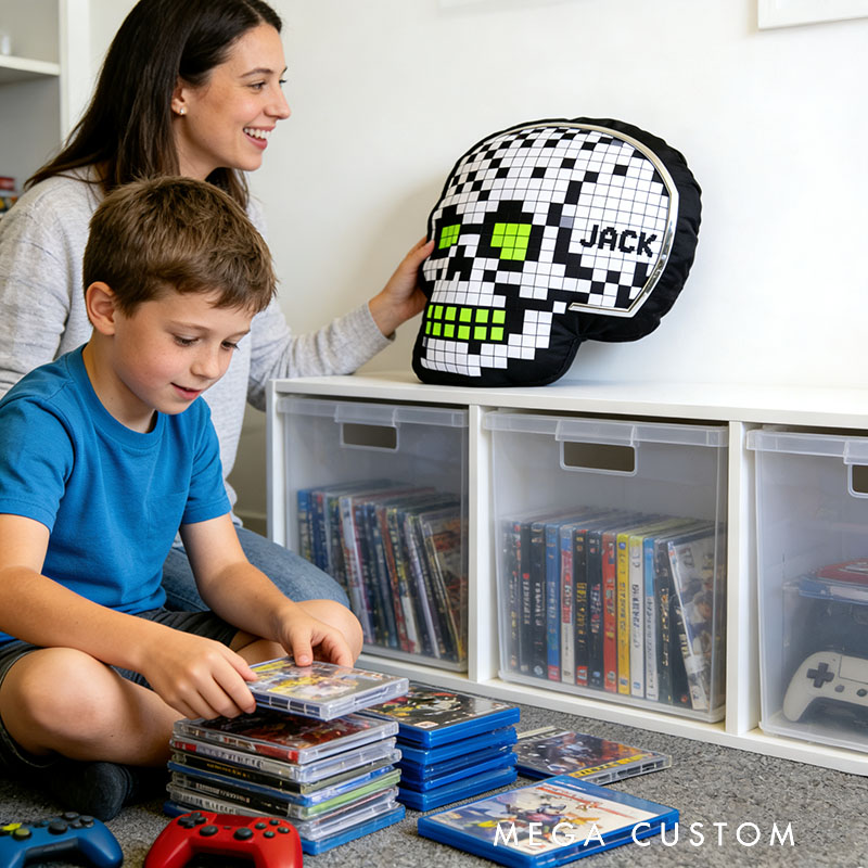 Personalized Game Pixel Skull Shaped Pillow for Game Lovers Plush Pillow Christmas Birthday Party Gift for Kids