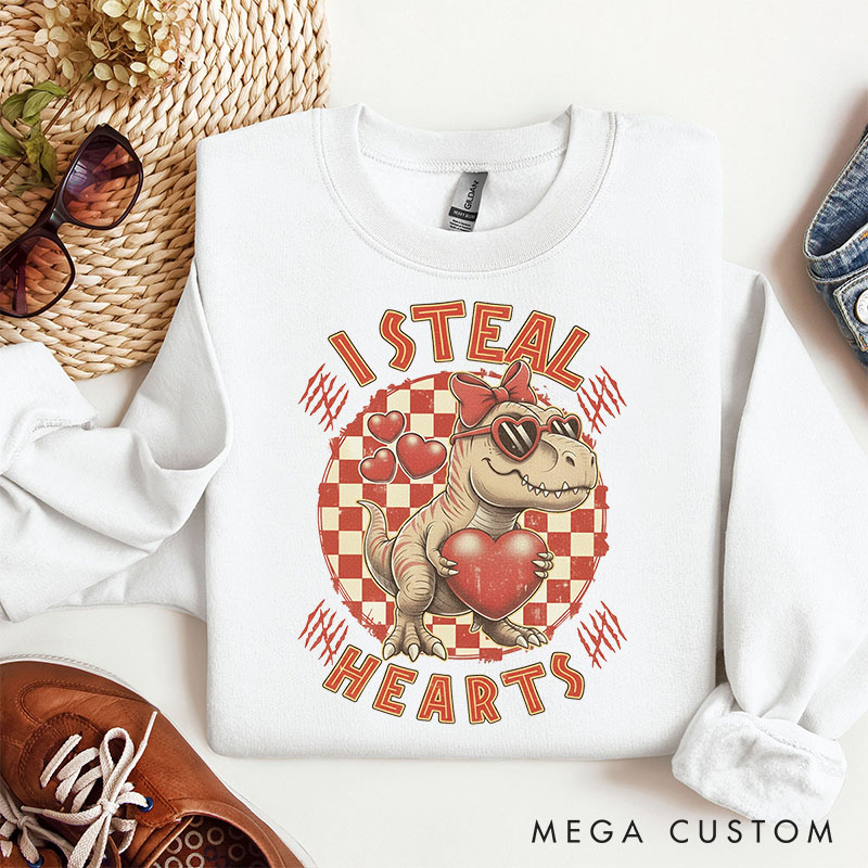 Personalized Girlfriend Wife Dinosaur I Steal Hearts Sweatshirt with Name Couple Matching Valentine's Day Sweatshirt for Her Him Anniversary Gift