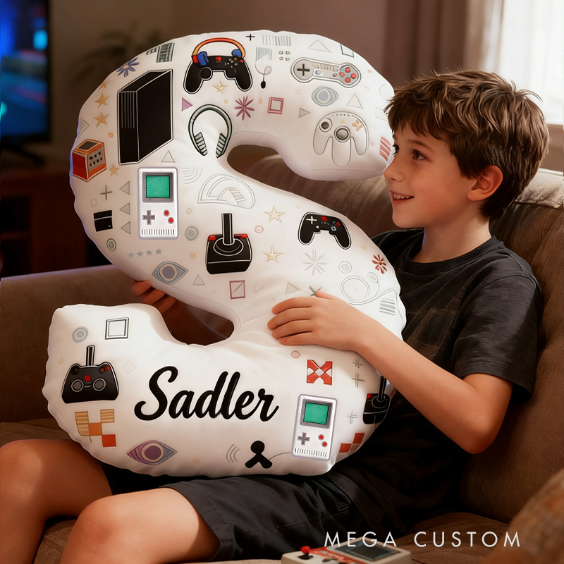 Personalized Graphic 3D Print Game Controller and Game Consoles Letter Pillow for Game Lovers Plush Pillow Christmas Birthday Gift for Kids