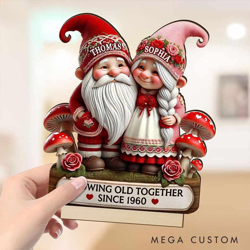 Personalized Couple Valentines Day 3D Effect Gnome Mushroom Standing Wooden Plaque Whimsical Gnome Couple Growing Old Together Plaque Anniversary Gift