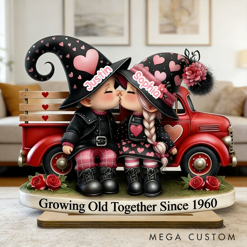 Personalized Couple Heart Valentines Day 3D Effect Gnome Truck Standing Wooden Plaque Whimsical Couple Growing Old Together Plaque Anniversary Gift