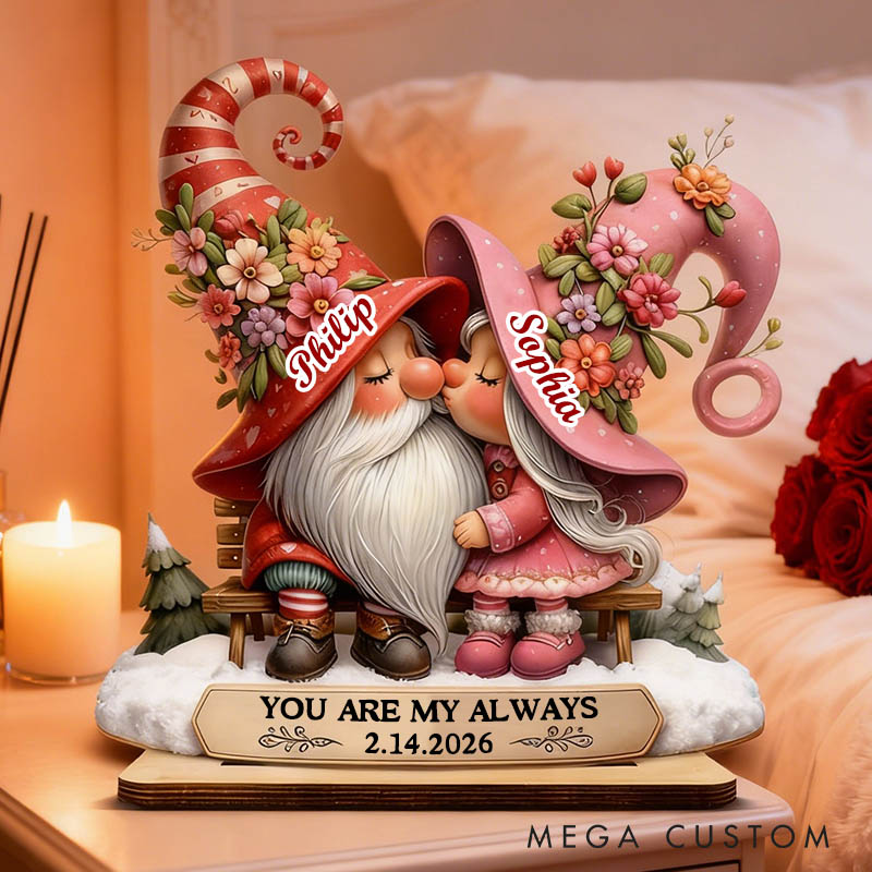 Personalized Couple Heart Valentines Day 3D Effect Gnome Standing Wooden Plaque Custom Sweet Gnome Couple Sitting on a Chair Plaque Anniversary Gift