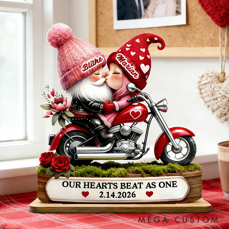 Personalized Valentines Day 3D Effect Gnome Couple Riding Red Motorcycle Standing Wooden Plaque Custom Sweet Gnome Couple Plaque Anniversary Gift