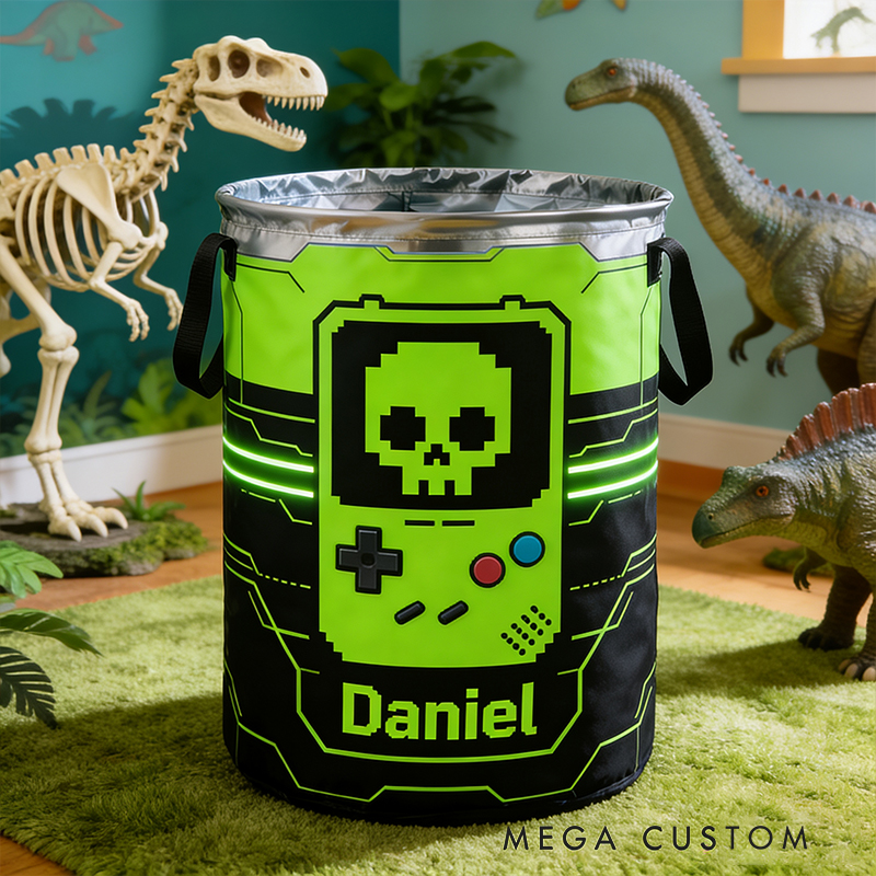 Personalized Retro Skull Game Machine Collapsible Storage Basket for Laundry Toys Organizer Game Lover Gift for Kids