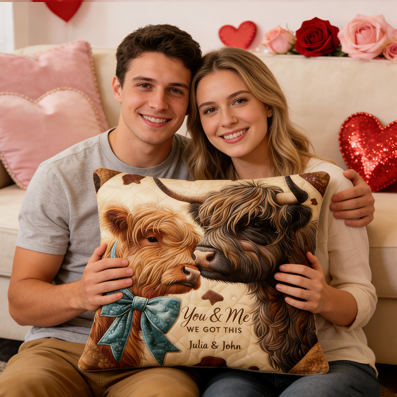 Personalized Highland Cow Design with Names Couple Throw Pillow Romantic Anniversaries Gift for Husband Wife Valentine's Day Gift