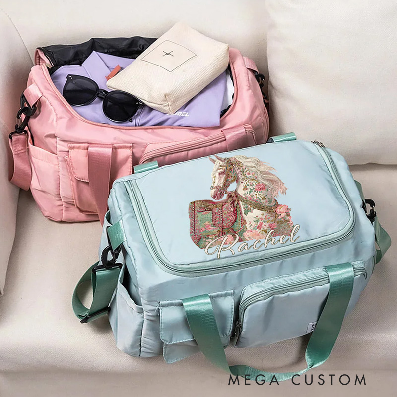 Personalized Horse Riding Duffle Bag Waterproof Equestrian Multi Compartment Travel Bag with Name and Shoulder Strap Travel Accessories Birthday Gift for Women Girls Overnight Bag Gift for Horse Lovers Riding Lovers Equestrian Lovers