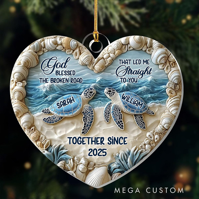 Personalized God Blessed the Broken Road Sea Turtle Couple Heart Acrylic Ornament with Name Christian Gift Valentine's Day Gift for Couple 