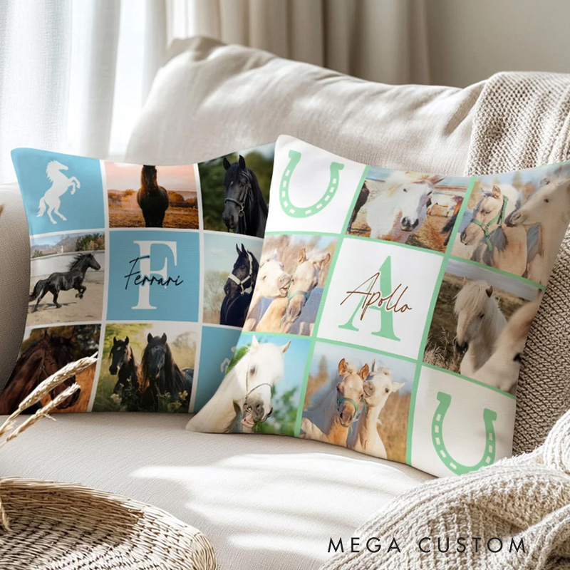 Personalized Nine Square Grid Photo Horseshoe Soft Throw Pillow Cover with Name and Initial Home Decor Equestrian Game Day Gift for Horse Lovers