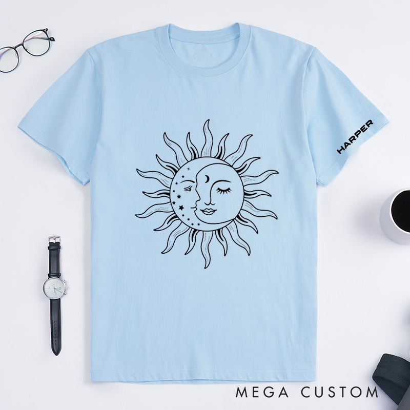 Personalized Sun and Moon Face T-Shirt Unisex Custom Name Classic Tee Astrology Lover Gift Unique Birthday Present for Men Women Friends Family