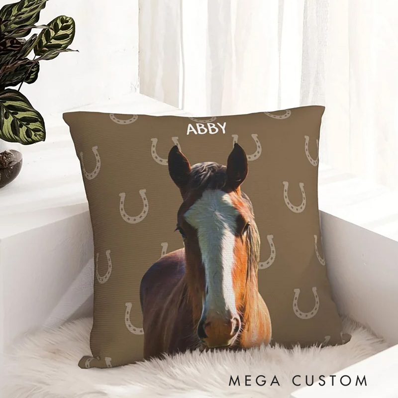 Personalized Horseshoe Horse Face Photo Throw Pillow Cover with Name Home Decor Birthday Anniversary Gift for Horse Owner Lover Equestrian Lovers