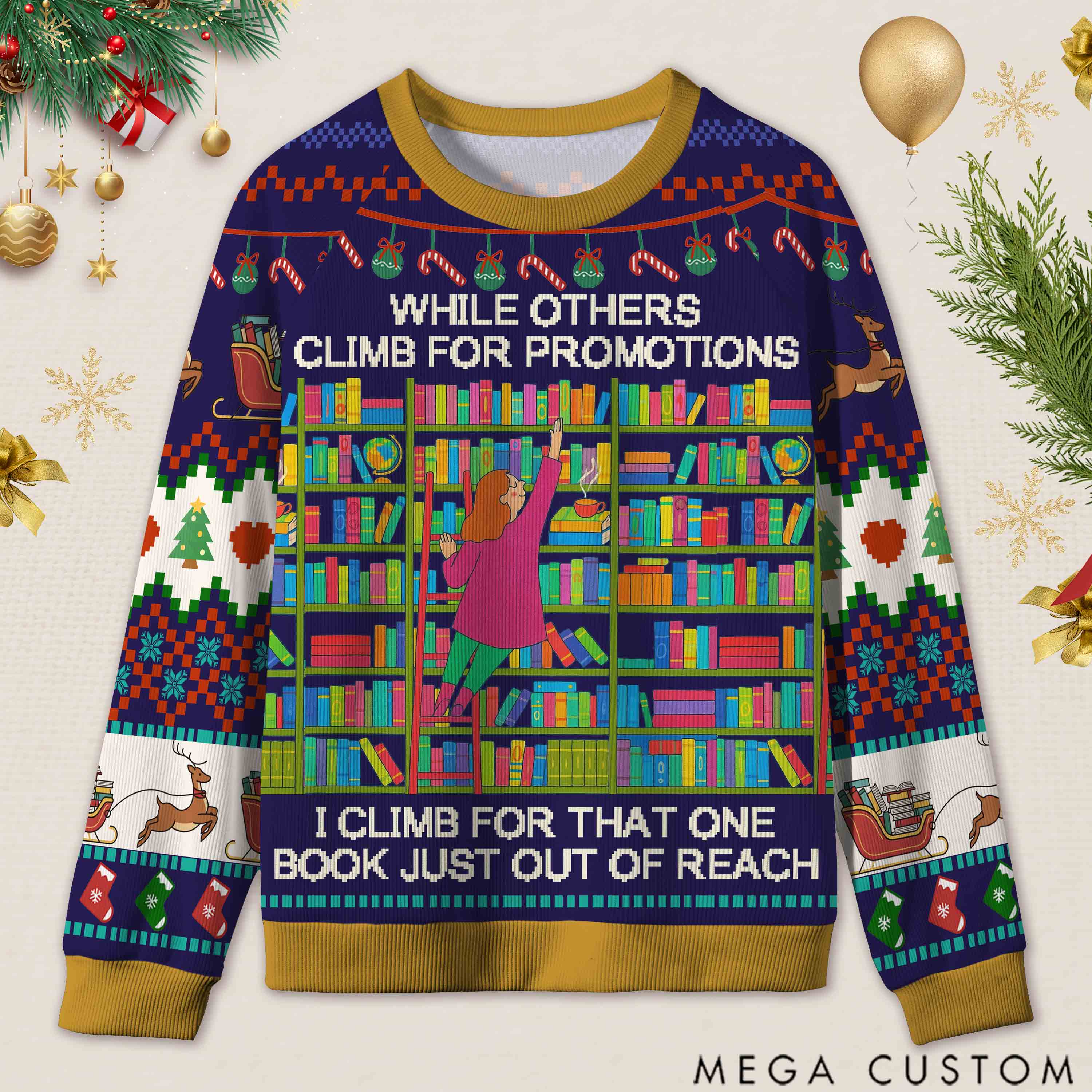 Personalized Library Fun Phrase Ugly Sweater Holiday Gift for Librarians
