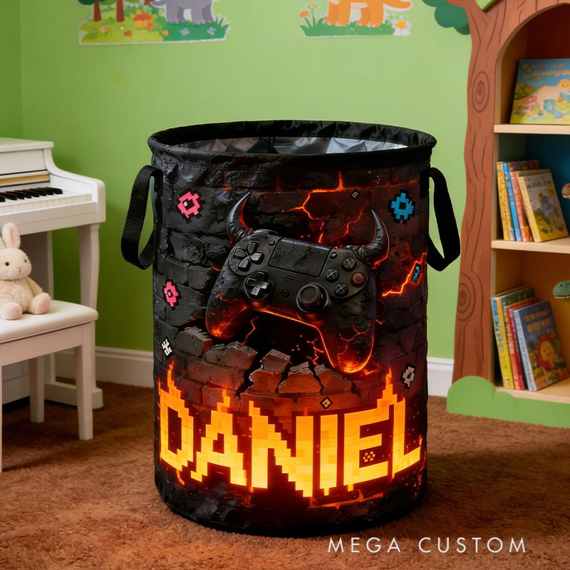 Personalized Retro Flame Game Controller Collapsible Storage Basket for Laundry Toys Organizer Game Lover Gift for Kids