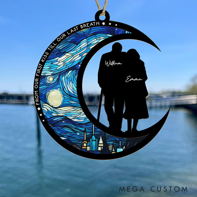 Personalized Couple From Our First Kiss Till Our Last Breath Suncatcher Moon Shaped Starry Night Style Window Decor Anniversary Valentines Day Gift