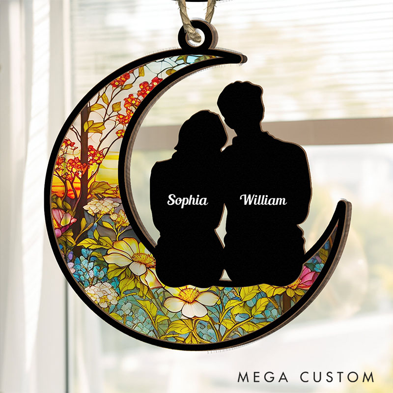 Personalized Couple Silhouette Love To The Moon and Back Suncatcher Custom Moon Shaped Floral Style Window Decor Anniversary Gift Valentines Day Gift
