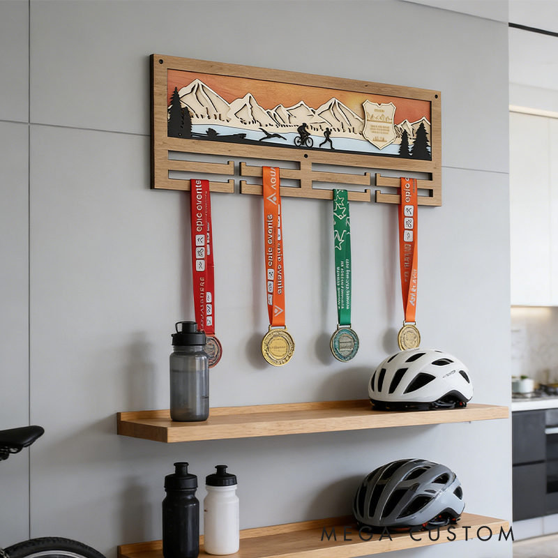 Personalized Custom Wood Triathlon Medal Holder with Mountain Art – Wall Decor for Race Medals (Bike/Run/Swim)
