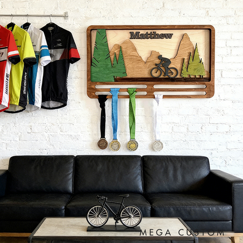 Personalized Cycling Medal Holder – Custom Wood Wall Decor for Bike Race Medals (Engraved Name & Mountain Design)