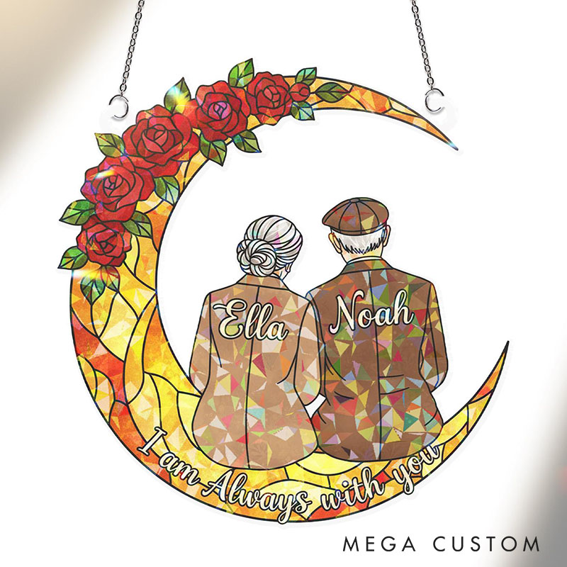 Personalized Elderly Couple Love To The Moon and Back Suncatcher Custom Moon Shaped Floral Style Window Decor Anniversary Gift Valentines Day Gift