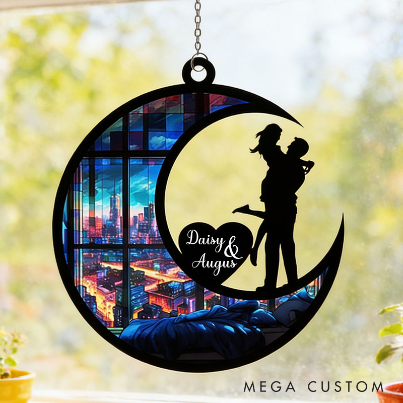 Personalized Couple Silhouette Love To The Moon and Back Suncatcher Custom Moon Shaped Window Decor Anniversary Gift Valentines Day Gift for Him Her