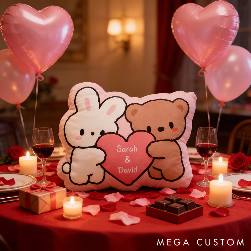 Personalized Bunny & Bear Throw Pillow Custom Names Couple Home Pillow Romantic Valentine's Day Gift for Girlfriend for Wife Friend