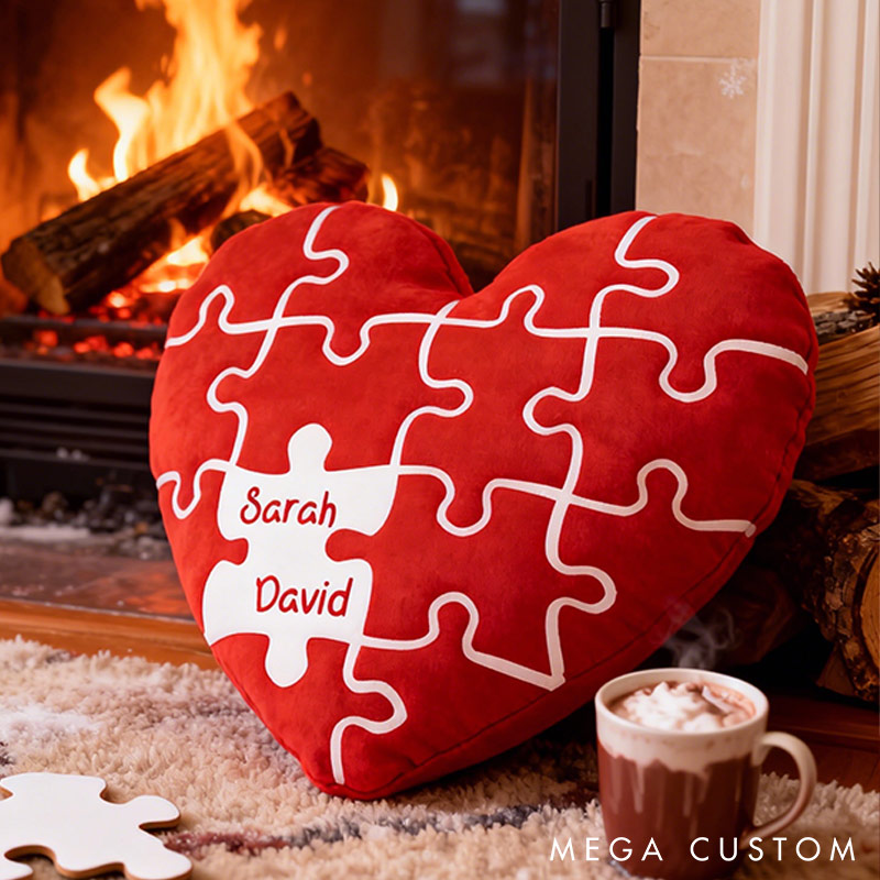 Personalized Missing Piece Heart Throw Pillow Custom Names Couple Home Pillow Romantic Valentine's Day Gift for Girlfriend for Wife Friend