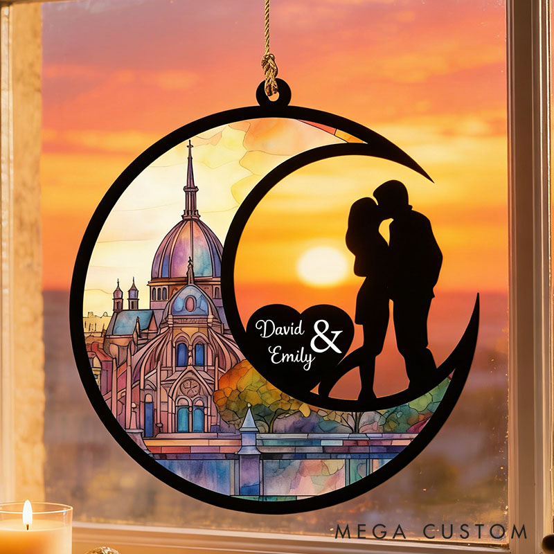 Personalized Couple Kissing Silhouette Love To The Moon and Back Suncatcher Custom Moon Shaped Window Decor Anniversary Gift Valentines Day Gift