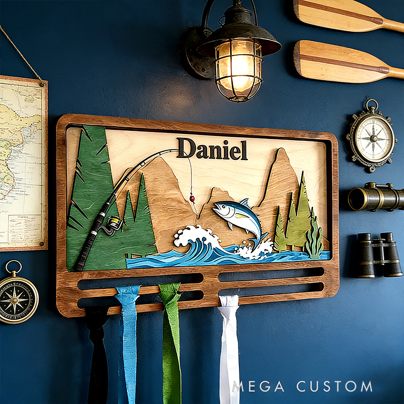 Personalized Fishing Themed Wooden Medal & Hat Rack - Custom Name Wall Decor for Anglers