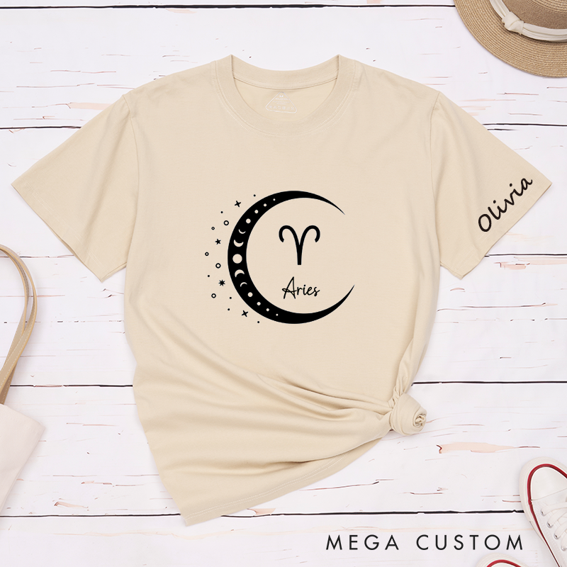 Personalized Aries Zodiac Classic T-Shirts Custom Name Moon and Stars Astrology Birthday Gift for Women Men Unisex Unique Horoscope Tee 