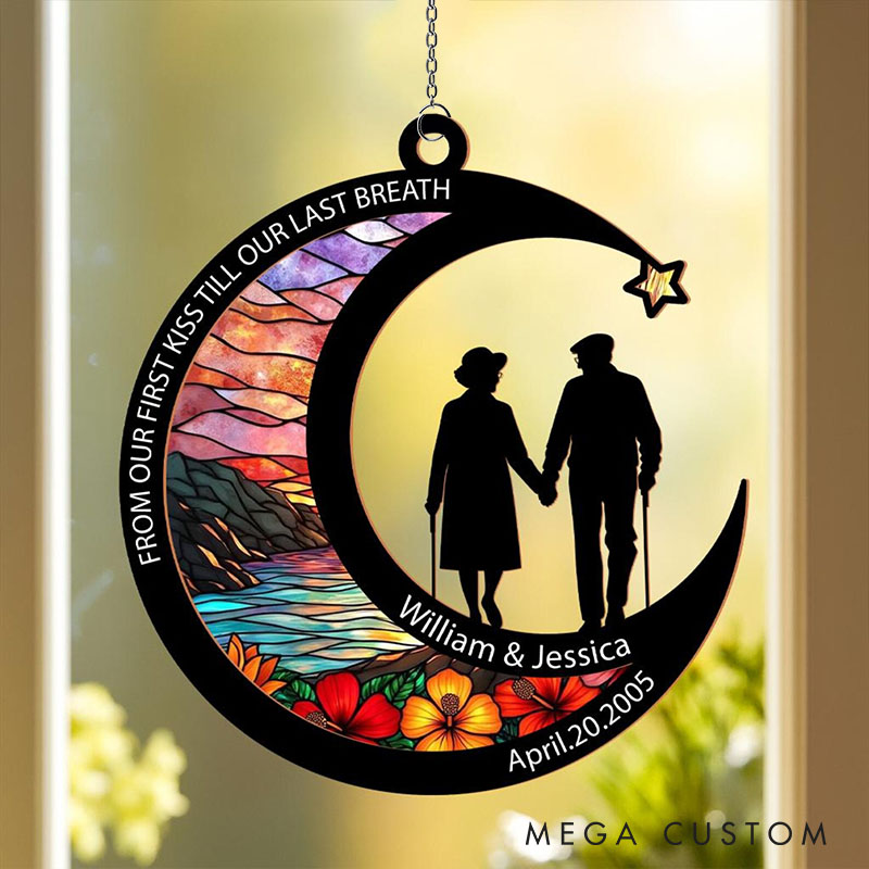 Personalized Couple Silhouette You and Me Always and Forever Suncatcher Custom Moon Shaped Night Sky Window Decor Anniversary Gift Valentines Day Gift