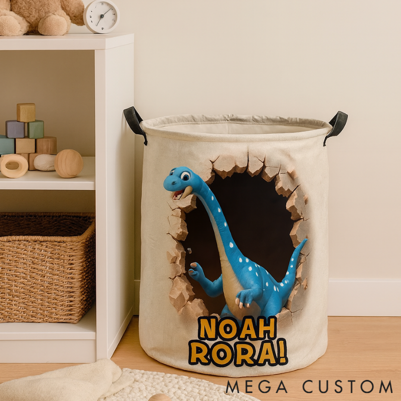 Personalized Dino Blast Adventure Theme Large Waterproof Laundry Hamper with Handle Custom Name Embroidery Kids Holiday Gift